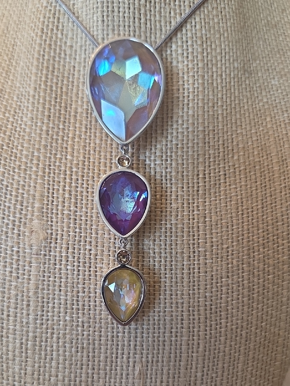 Silver-Tone Teardrop Multi-Gem Pendant Necklace - Purple and Iridescent